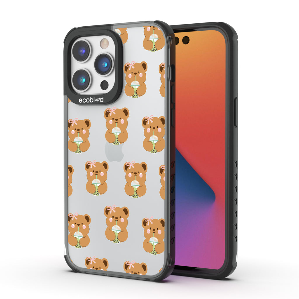 Front and back view of iPhone 14 Pro Max case, clear compostable phone case with black ridges, Bear-ista Approved design