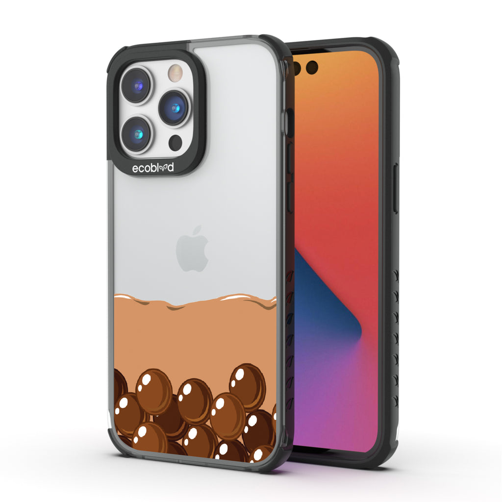 Front and back view of iPhone 14 Pro Max case, clear compostable phone case with black ridges, Brown Sugar Boba design