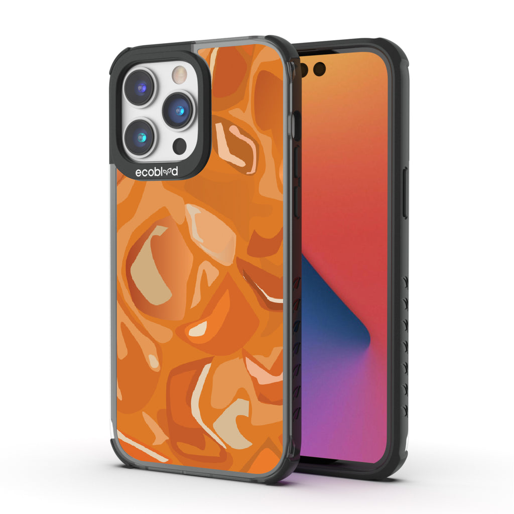 Front and back view of iPhone 14 Pro Max case, clear compostable phone case with black ridges, Cream & Sugar design