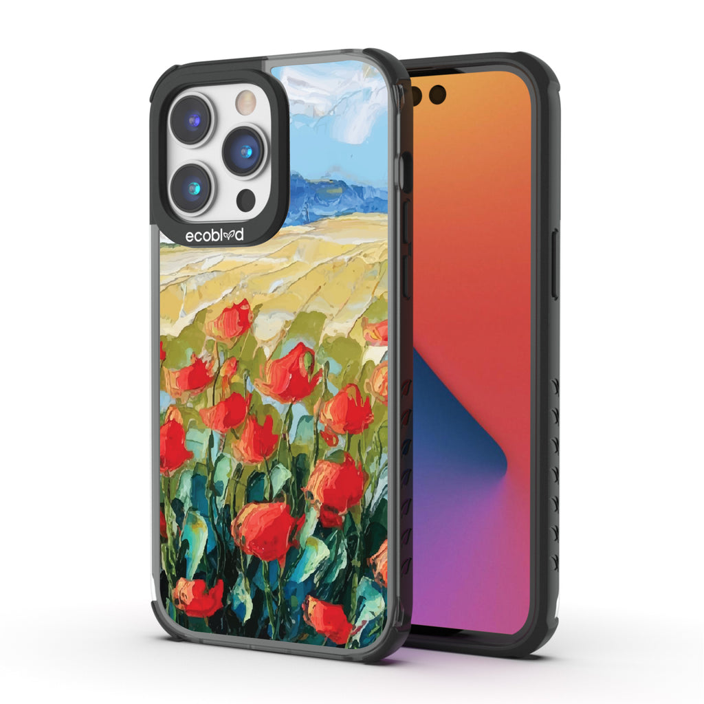 Front and back view of iPhone 14 Pro Max case, clear compostable phone case with black ridges, Sleepy Bloom design