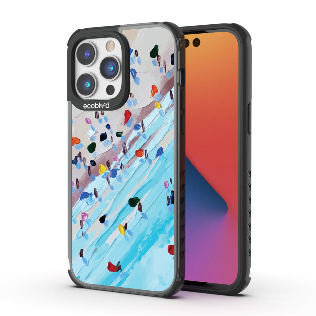 Front and back view of iPhone 14 Plro Maxcase, clear compostable phone case with black ridges, Waves of Color design