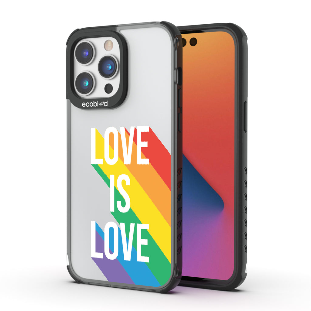 Spectrum Of Love - Back View Of Black & Clear Eco-Friendly iPhone 14 Pro Case & A Front View Of The Screen