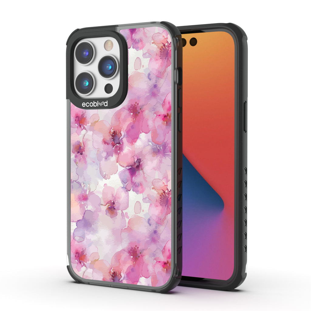 Front and back view of iPhone 14 Pro Max case, clear compostable phone case with black ridges, Rosewater design