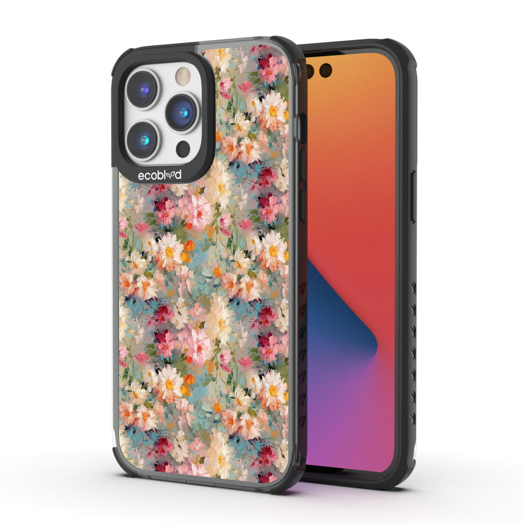 Front and back view of iPhone 14 Pro Max case, clear compostable phone case with black ridges, Perennial design