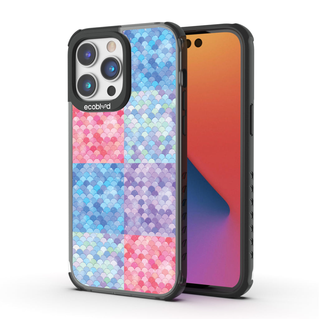 Front and back view of iPhone 14 Pro Max case, clear compostable phone case with blacl ridges, Coastal Treasures design