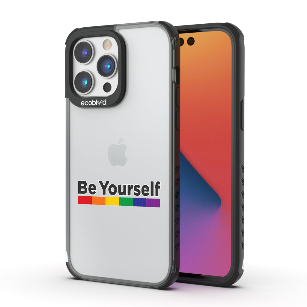 Be Yourself - Back View Of Black & Clear Eco-Friendly iPhone 14 Pro Case & A Front View Of The Screen