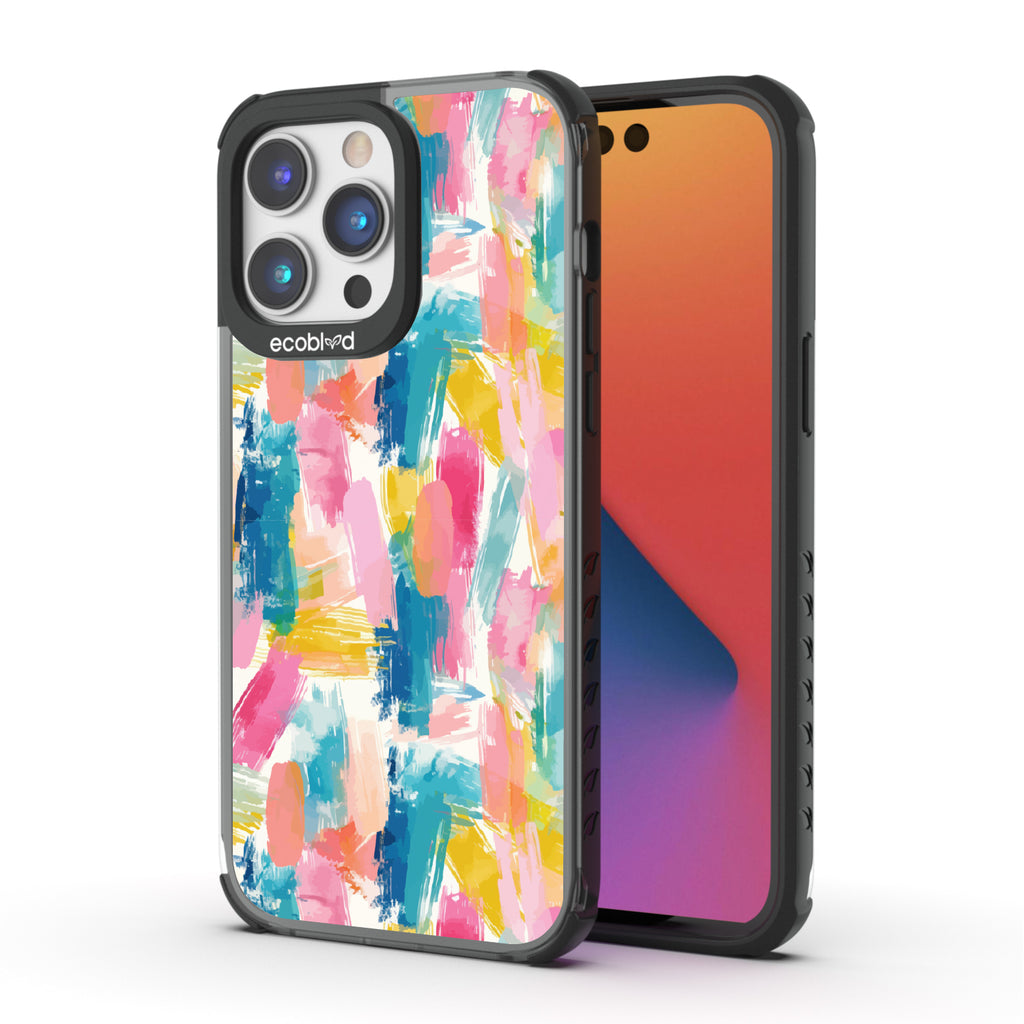 Front and back view of iPhone 14 Pro case, clear compostable phone case with black ridges, Blurred Beauty design