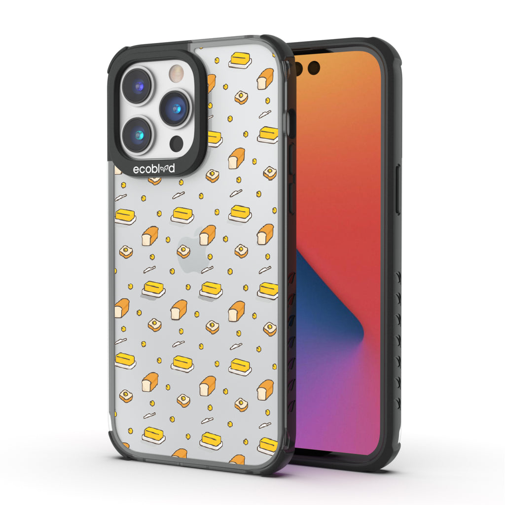 Front and back view of iPhone 14 Pro Max case, clear compostable phone case with black ridges, Butter Me Up design