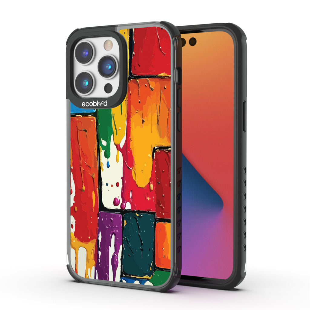 Front and back view of iPhone 14 Pro Max case, clear compostable phone case with black ridges, Color Me Mine design