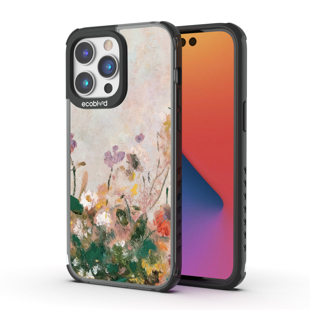 Front and back view of iPhone 14 Pro Max case, clear compostable phone case with black ridges, Wild Grace design