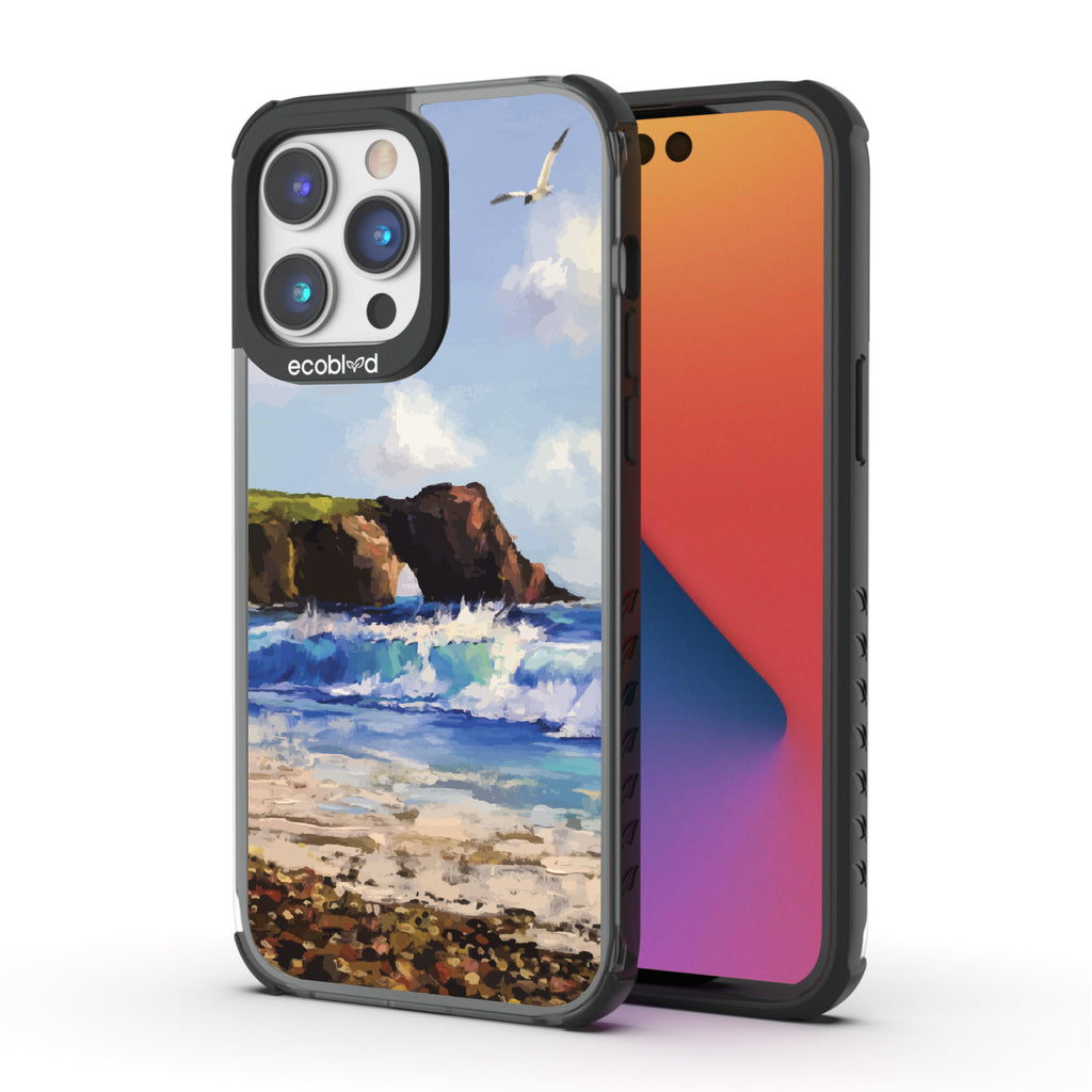 Front and back view of iPhone 14 Pro case, clear compostable phone case with black ridges, Cliffhanger design