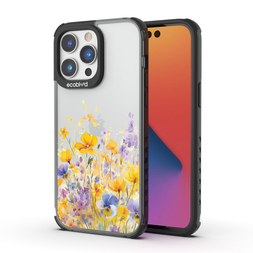 Front and back view of iPhone 14 Pro Max case, clear compostable phone case with black ridges, Meadowlight design