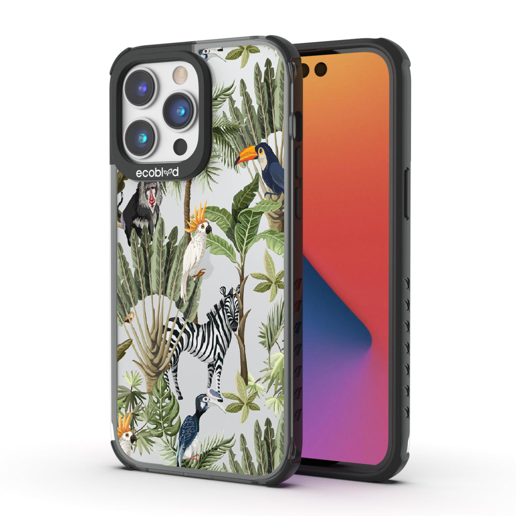 Toucan Play That Game - Back View Of Black & Clear Eco-Friendly iPhone 14 Pro Case & A Front View Of The Screen