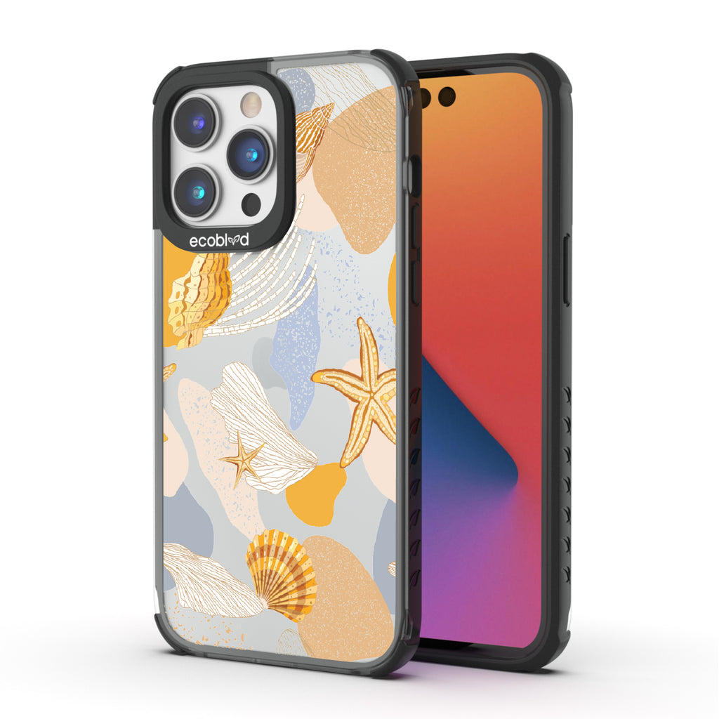 Front and back view of iPhone 14 Pro Max case, clear compostable phone case with black ridges, Coastal Treasures design