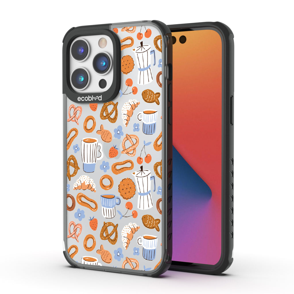 Front and back view of iPhone 14 Pro Max case, clear compostable phone case with black ridges, The Breakfast Club design