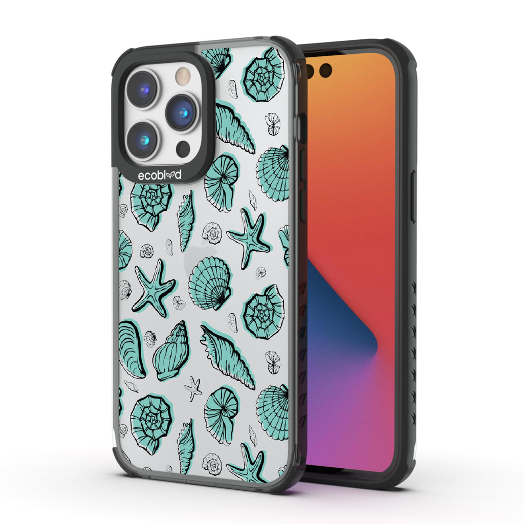 Seashells Seashore - Back View Of Black & Clear Eco-Friendly iPhone 14 Pro Max Case & A Front View Of The Screen