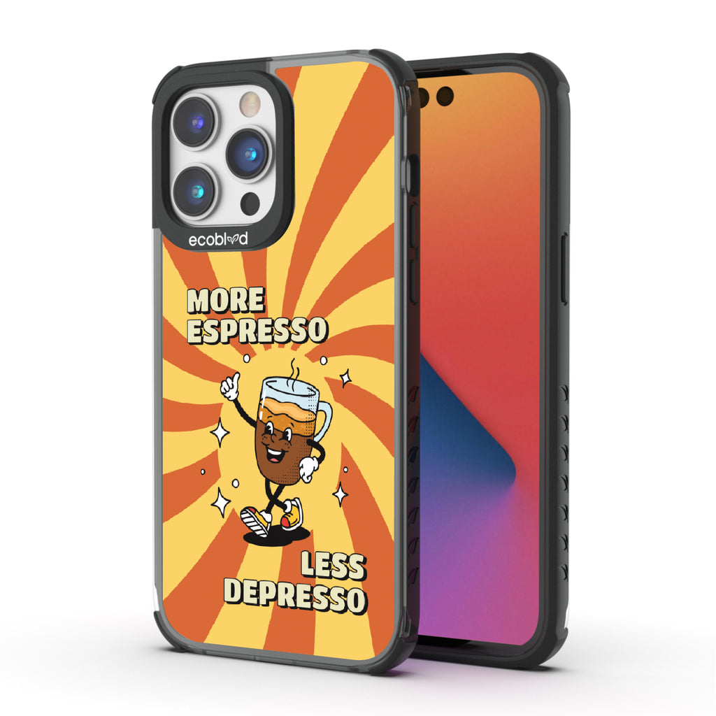 Front and back view of iPhone 14 Pro Max case, clear compostable phone case with black ridges, More Espresso  design