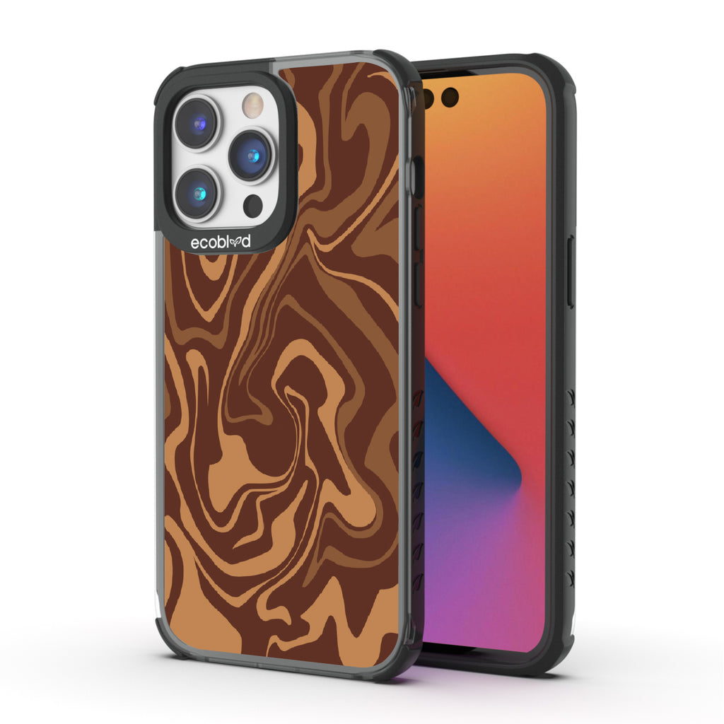 Front and back view of iPhone 14 Pro Max case, clear compostable phone case with black ridges, Stirred & Swirled design
