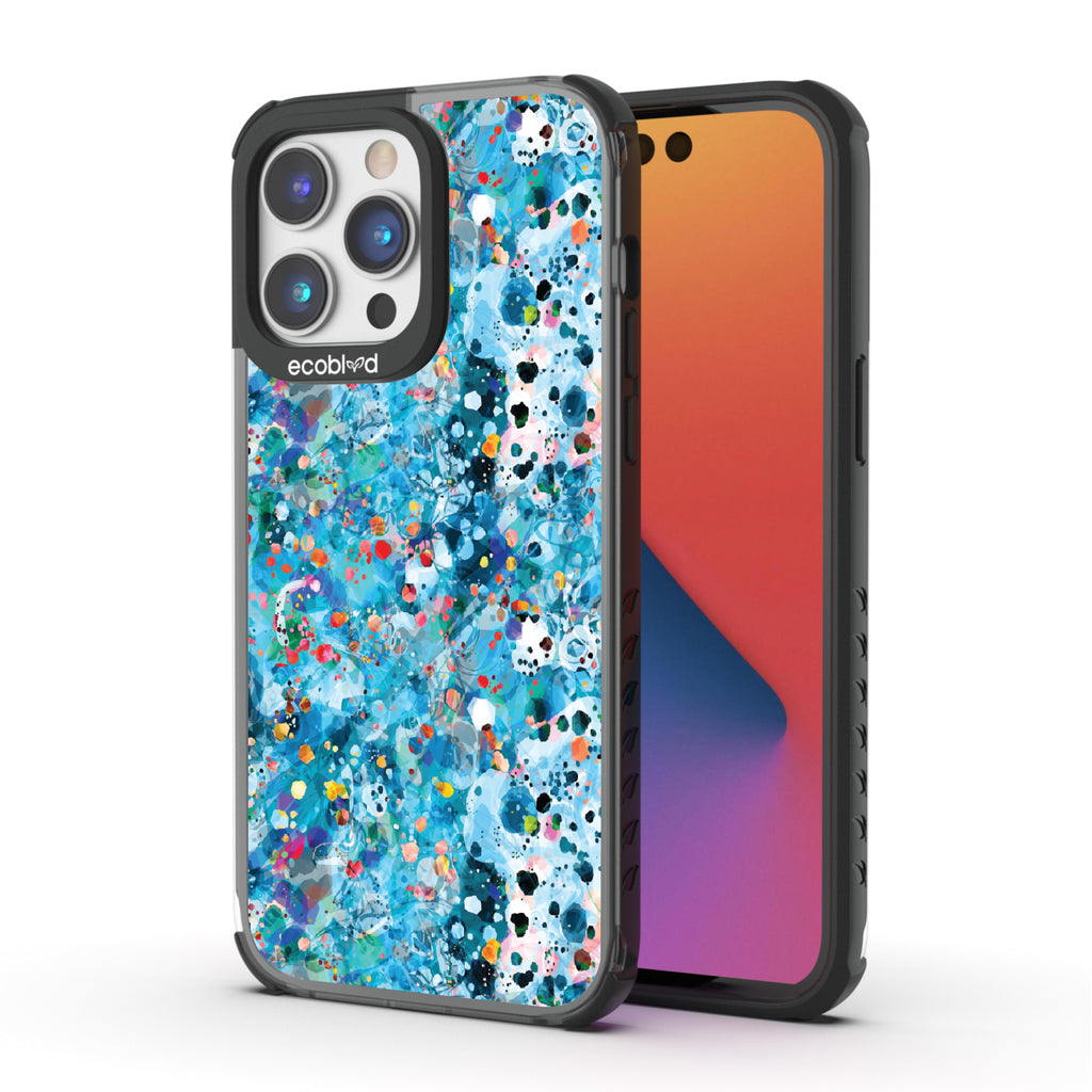 Front and back view of iPhone 14 Pro Max case, clear compostable phone case with black ridges, Brushed By The Tide design