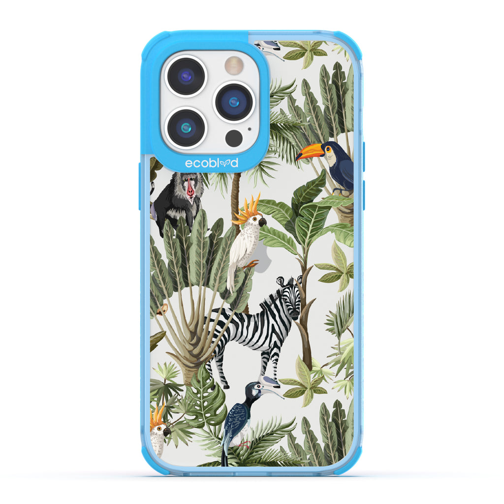 Toucan Play That Game - Blue Eco-Friendly iPhone 14 Pro Case With Jungle Fauna, Toucan, Zebra & More On A Clear Back