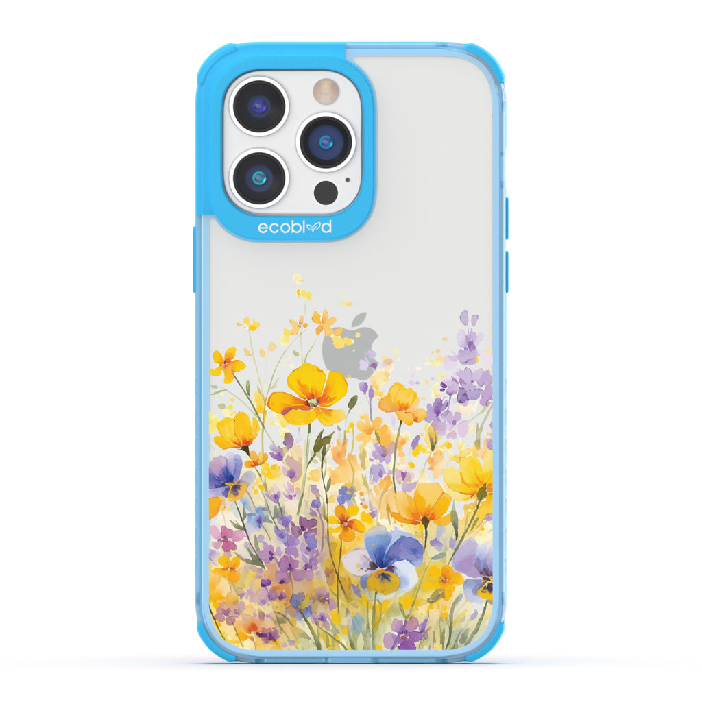 iPhone 14 Pro Max case, clear eco-friendly phone case with blue ridges, back view, Meadowlight design