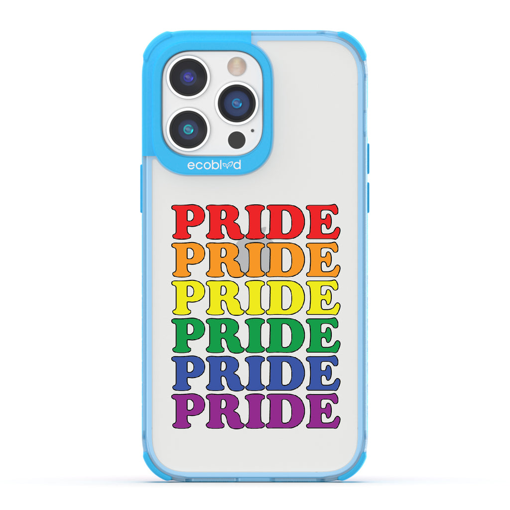 Pride Camp - Blue Eco-Friendly iPhone 14 Pro Case With Pride Stacked In Multiple Rainbow Colors On A Clear Back