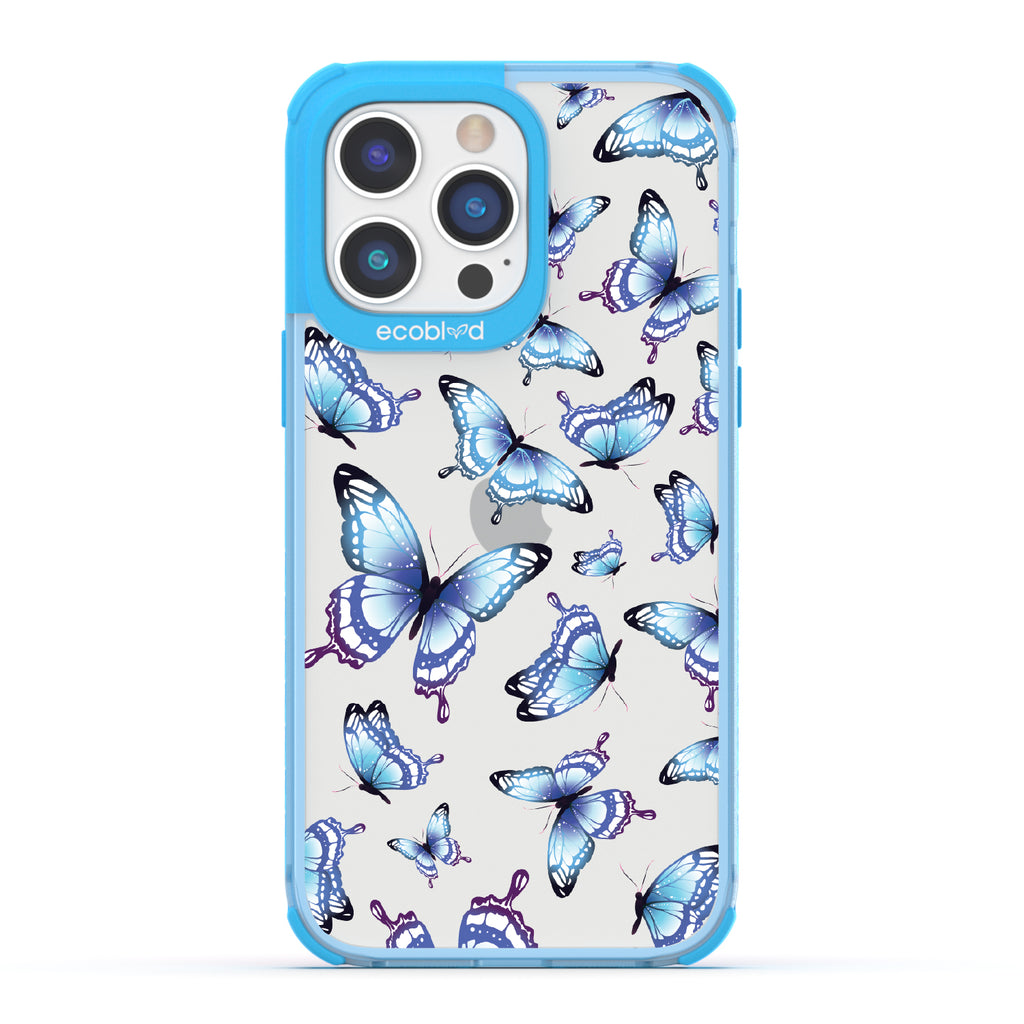 Social Butterfly - Blue Eco-Friendly iPhone 14 Pro Max Case With Blue Butterflies On A Clear Back - Compostable
