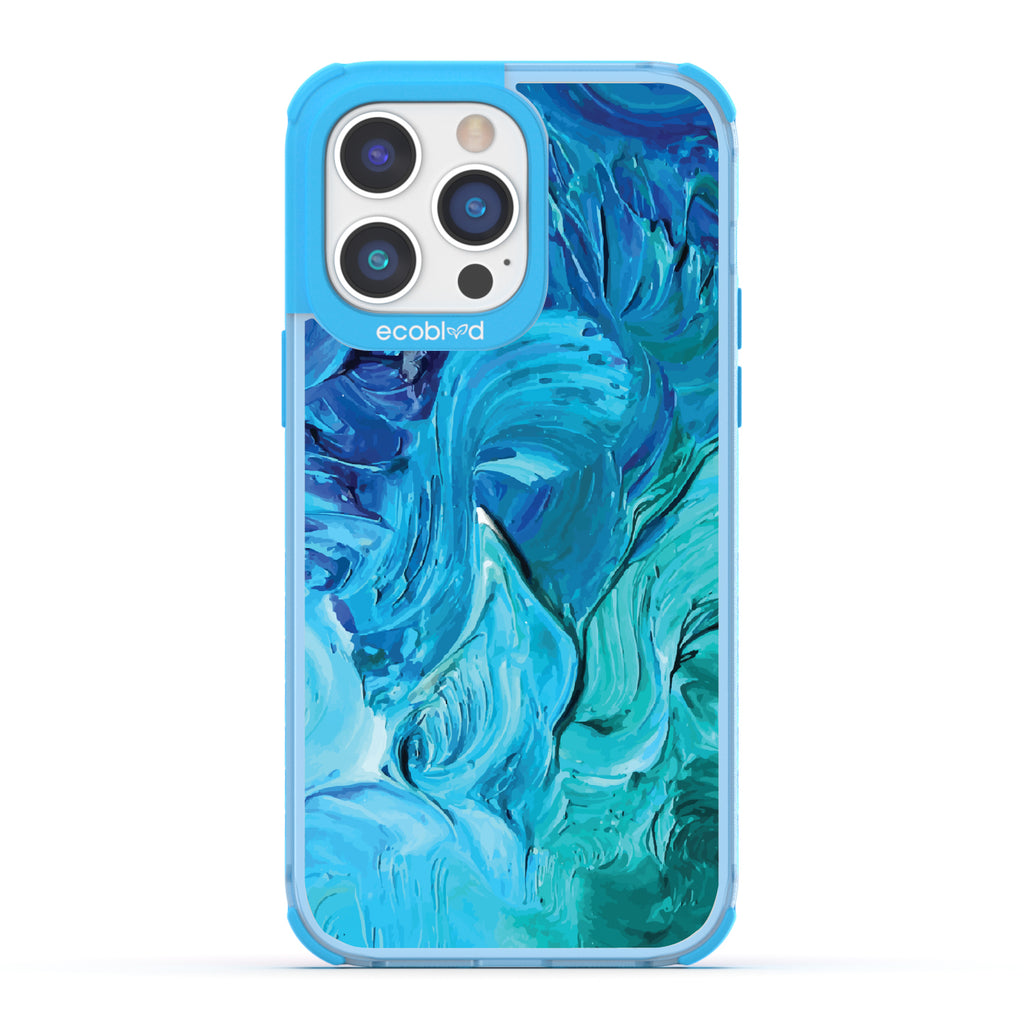 iPhone 14 Pro Max case, clear eco-friendly phone case with blue ridges, back view, Oceanswept design