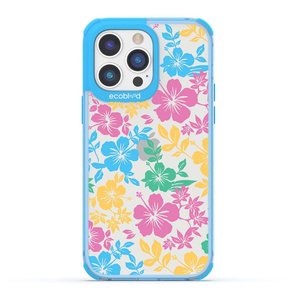 Lei'd Back - Blue Eco-Friendly iPhone 14 Pro Max Case With Colorful Hawaiian Hibiscus Floral Print On A Clear Back