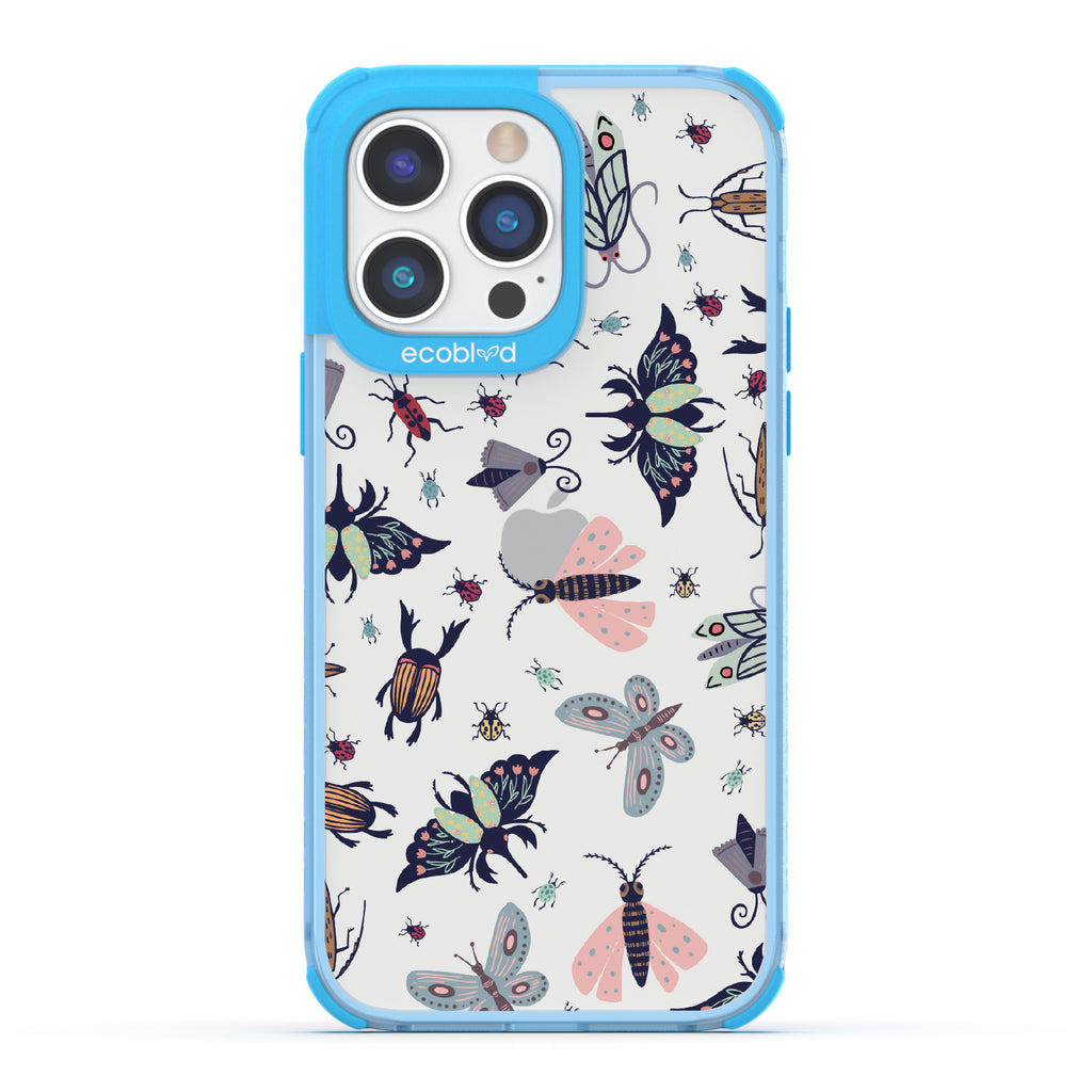 Bug Out - Blue Eco-Friendly iPhone 14 Pro Case With Butterflies, Moths, Dragonflies, And Beetles On A Clear Back
