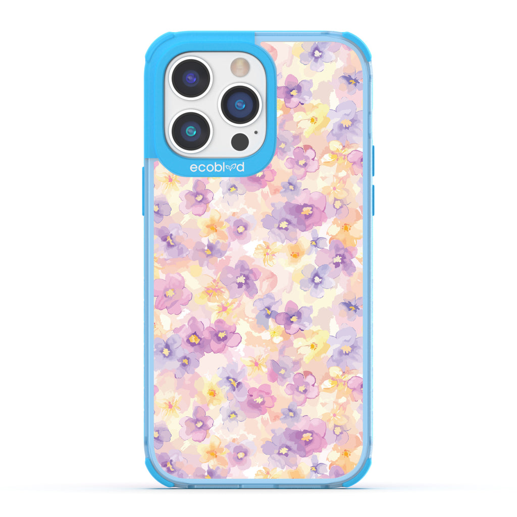 iPhone 14 Pro Max case, clear eco-friendly phone case with blue ridges, back view, Flowering Thoughts design
