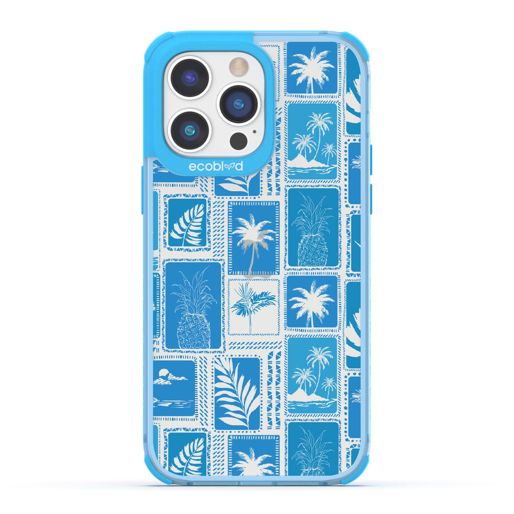 Oasis - Blue Eco-Friendly iPhone 14 Pro Max Case With Tropical Shirt Palm Trees & Pineapple Print On A Clear Back