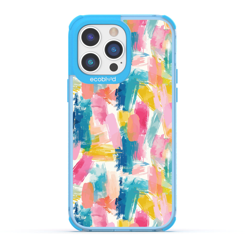 iPhone 14 Pro case, clear eco-friendly phone case with blue ridges, back view, Blurred Beauty design