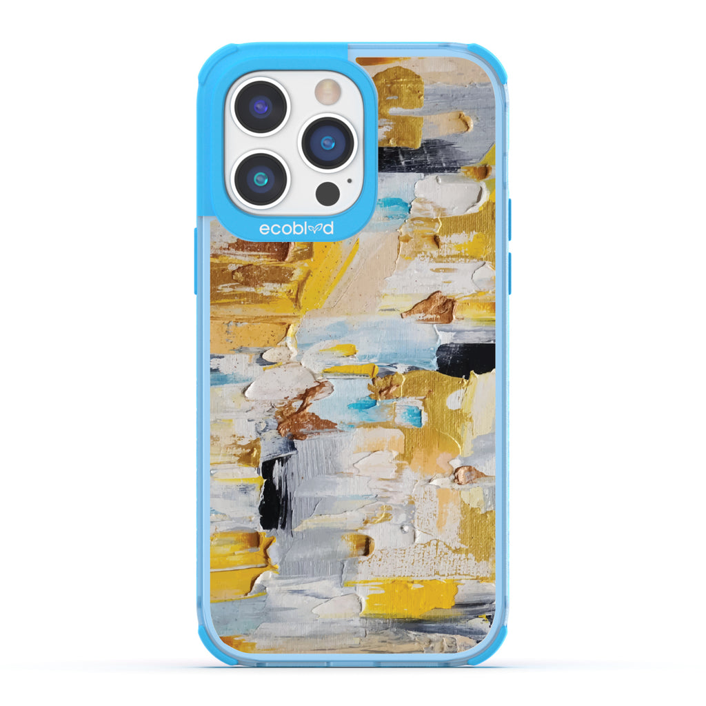 iPhone 14 Pro case, clear eco-friendly phone case with blue ridges, back view, Lighten Up design