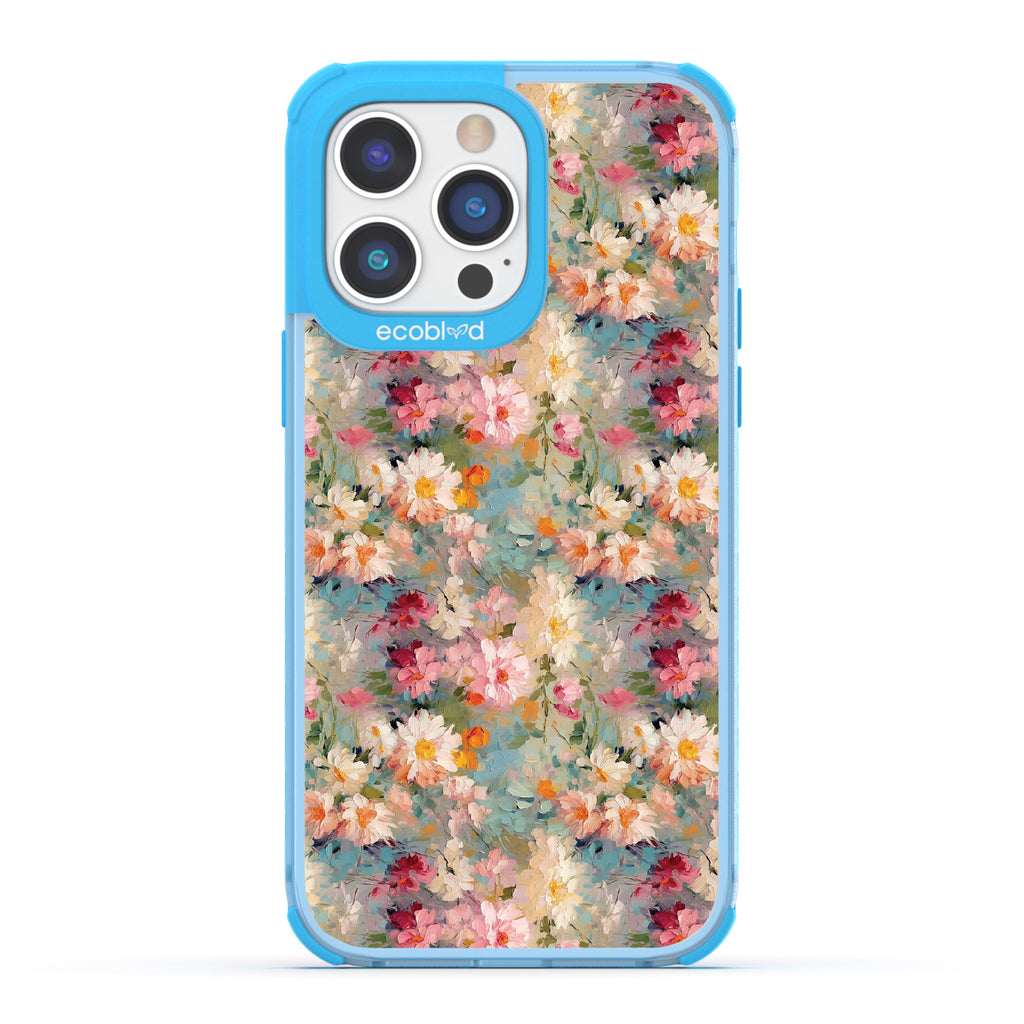 iPhone 14 Pro Max case, clear eco-friendly phone case with blue ridges, back view, Perennial design