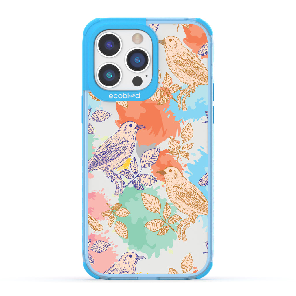 Perch Perfect - Blue Eco-Friendly iPhone 14 Pro Case With Birds On Branches & Splashes Of Color On A Clear Back