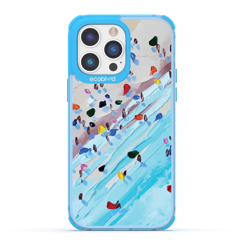 iPhone 14 Pro Max case, clear eco-friendly phone case with blue ridges, back view, Waves of Color design