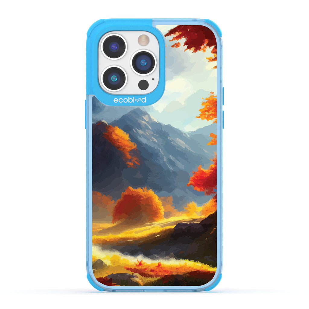  Autumn Canvas - Watercolored Fall Mountain Landscape - Eco-Friendly Clear iPhone 14 Pro Max Case With Blue Rim 