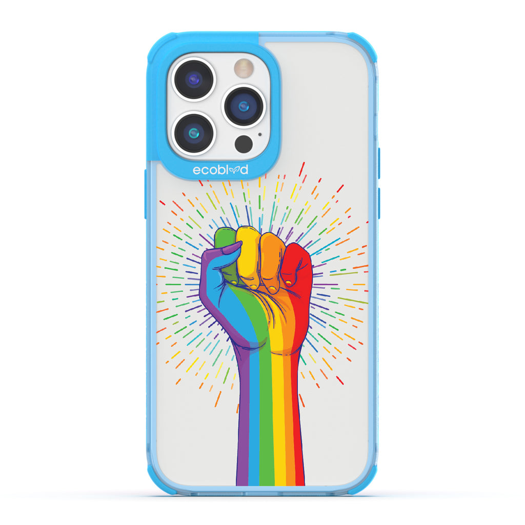 Rise With Pride - Blue Eco-Friendly iPhone 14 Pro Case With Raised Fist In Rainbow Colors On A Clear Back