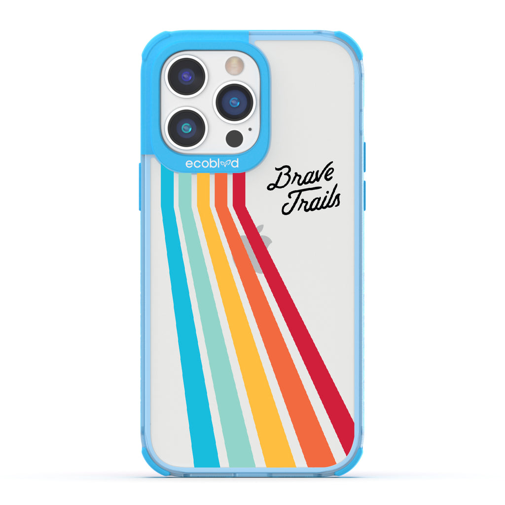 Trailblazer X Brave Trails - Blue Eco-Friendly iPhone 14 Pro Case with Trails  In A Vibrant Spectrum Of Rainbow Colors On A Clear Back