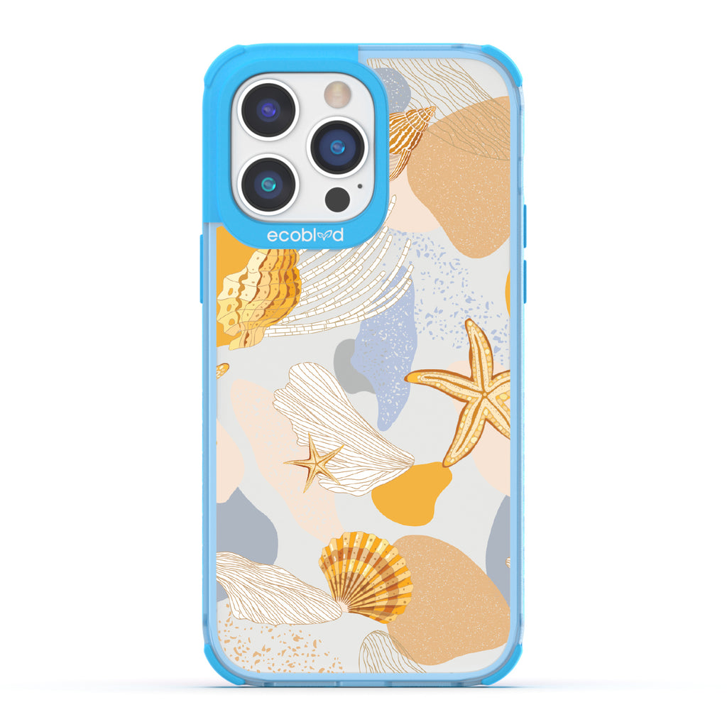iPhone 14 Pro Max case, clear eco-friendly phone case with blue ridges, back view, Coastal Treasures design