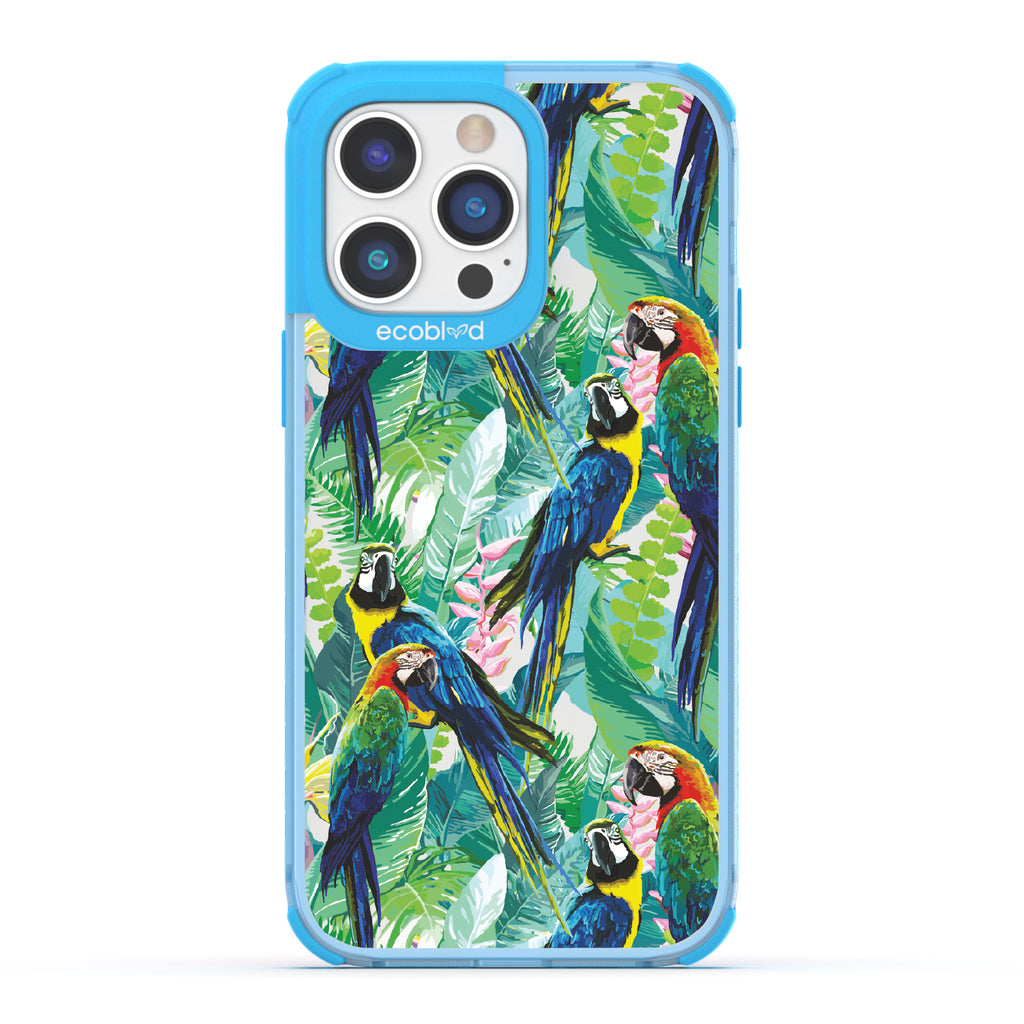 Macaw Medley - Blue Eco-Friendly iPhone 14 Pro Max Case With Macaws & Tropical Leaves On A Clear Back
