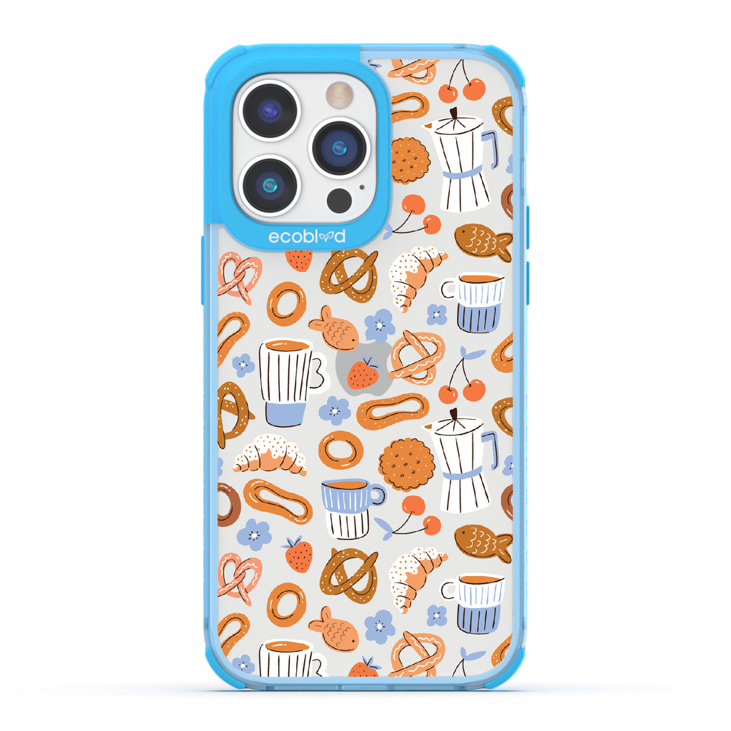 iPhone 14 Pro Max case, clear eco-friendly phone case with blue ridges, back view, The Breakfast Club design
