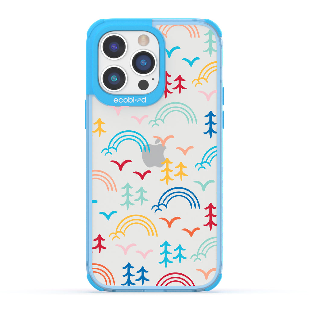 Happy Camper X Brave Trails - Blue Eco-Friendly iPhone 14 Pro Case with Minimalist Trees, Birds, Rainbows On A Clear Back