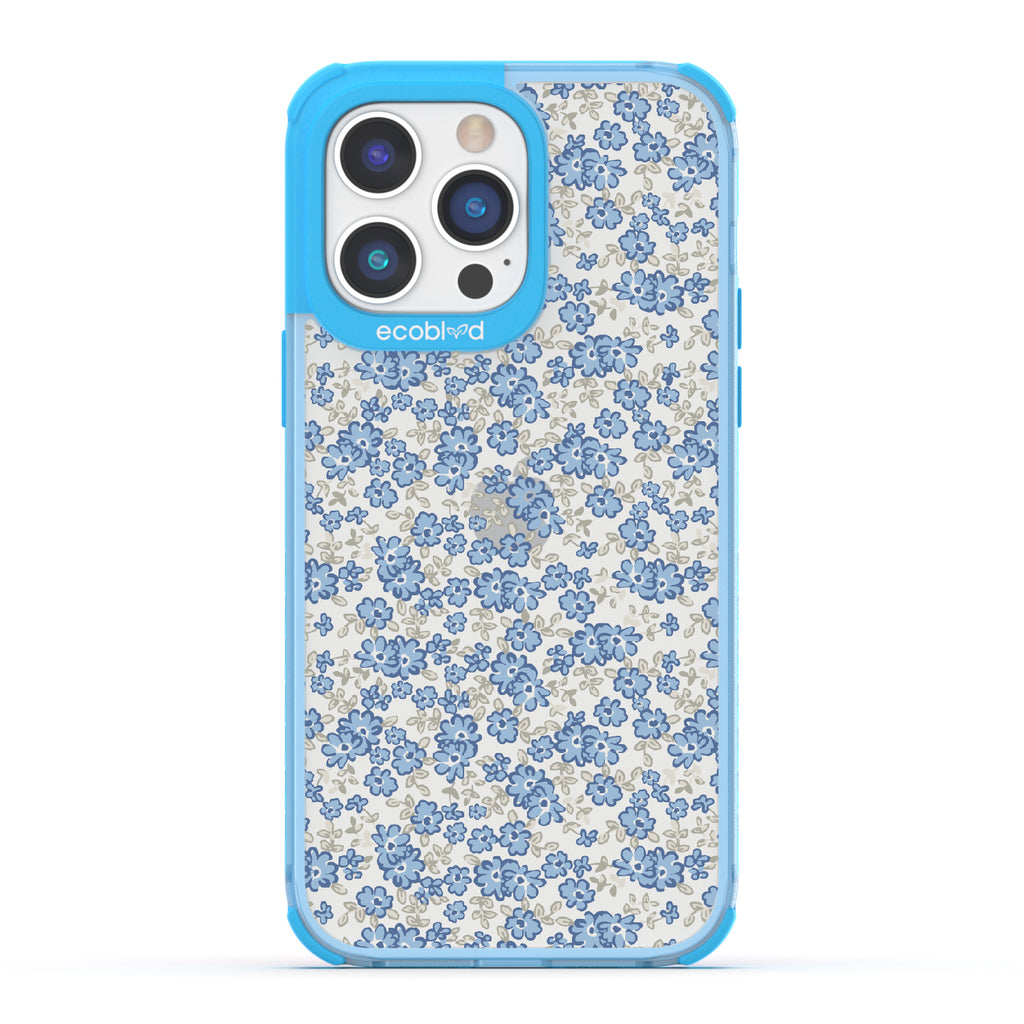 Ditsy Daze - Blue Eco-Friendly iPhone 14 Pro Max Case With Vintage Forget-Me-Not Flowers On A Clear Back