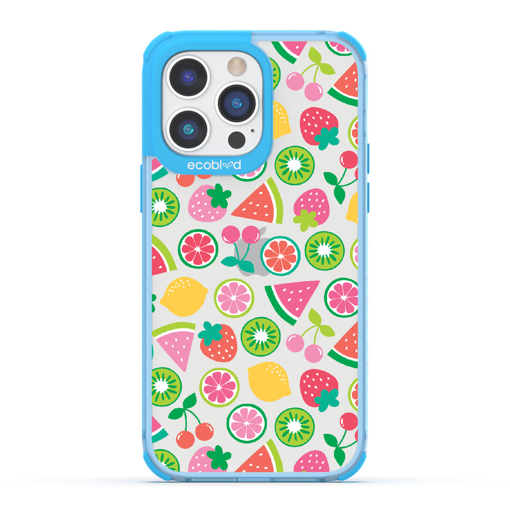 Juicy Fruit - Blue Eco-Friendly iPhone 14 Pro Max Case With Various Colorful Summer Fruits On A Clear Back