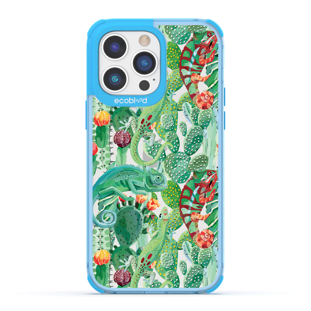 In Plain Sight - Blue Eco-Friendly iPhone 14 Pro Case With Chameleons On Cacti On A Clear Back