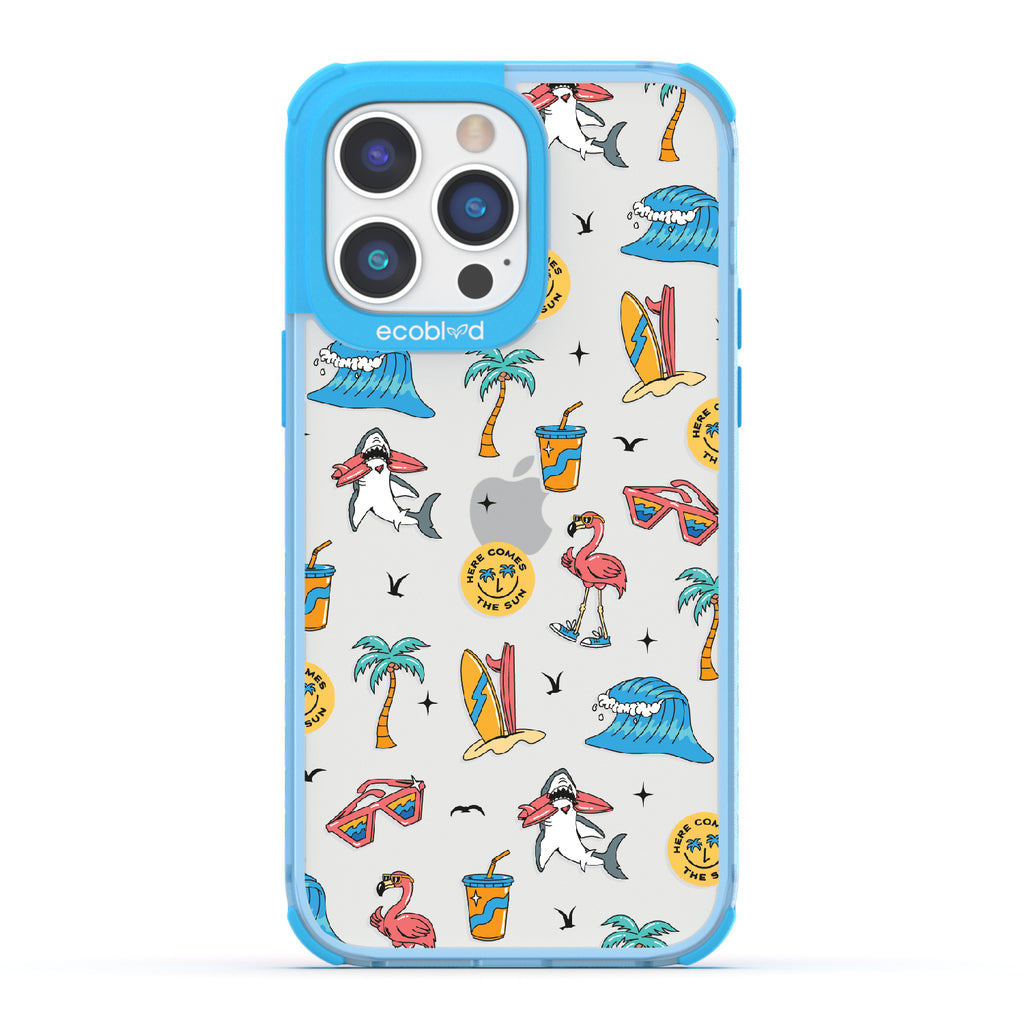  Here Comes The Sun - Blue Eco-Friendly iPhone 14 Pro Max Case: Sunglasses, Surfboard, Waves & Beach Theme On A Clear Back