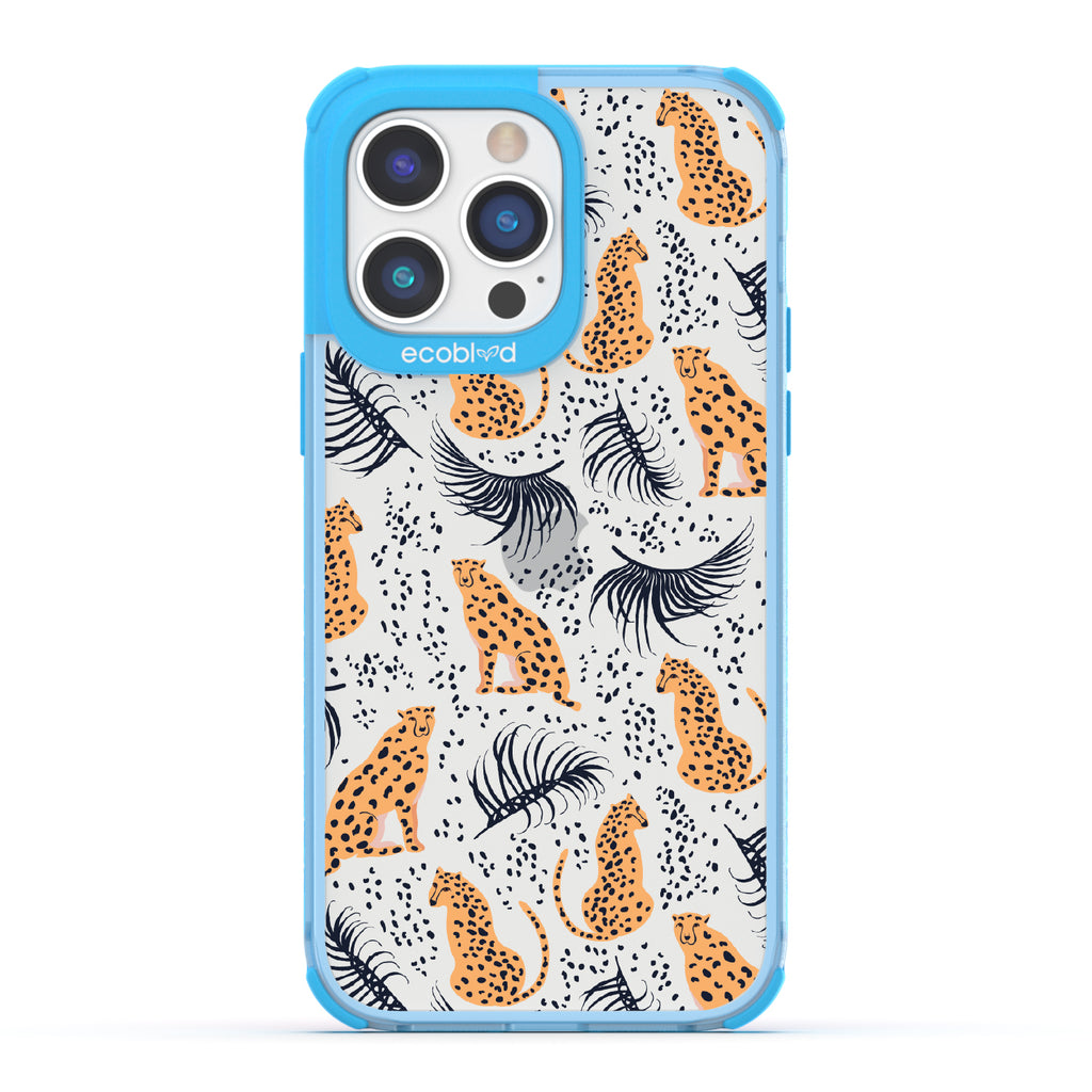 Feline Fierce - Blue Eco-Friendly iPhone 14 Pro Case With Minimalist Cheetahs With Spots and Reeds On A Clear Back