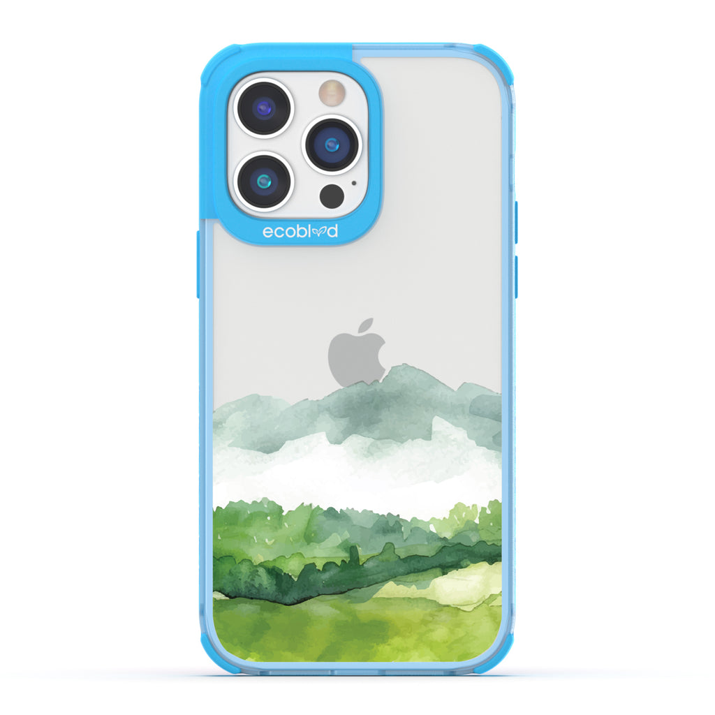 iPhone 14 Pro case, clear eco-friendly phone case with blue ridges, back view, Open Horizon design